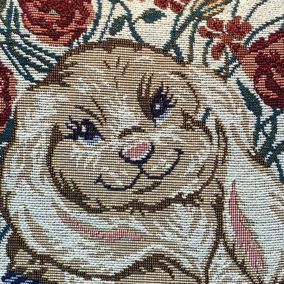 Rabbit & Floral Tapestry Throw Pillow Cover With Burgundy Trim 18x18 Inches - Picture 5 of 11